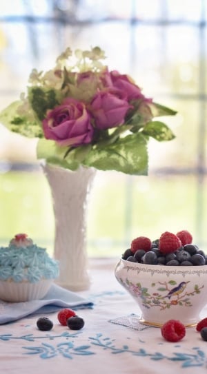 raspberry and blueberry in white ceramic flora bowl thumbnail