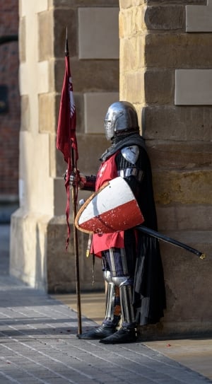knight holding white and red knight shield during daytime thumbnail