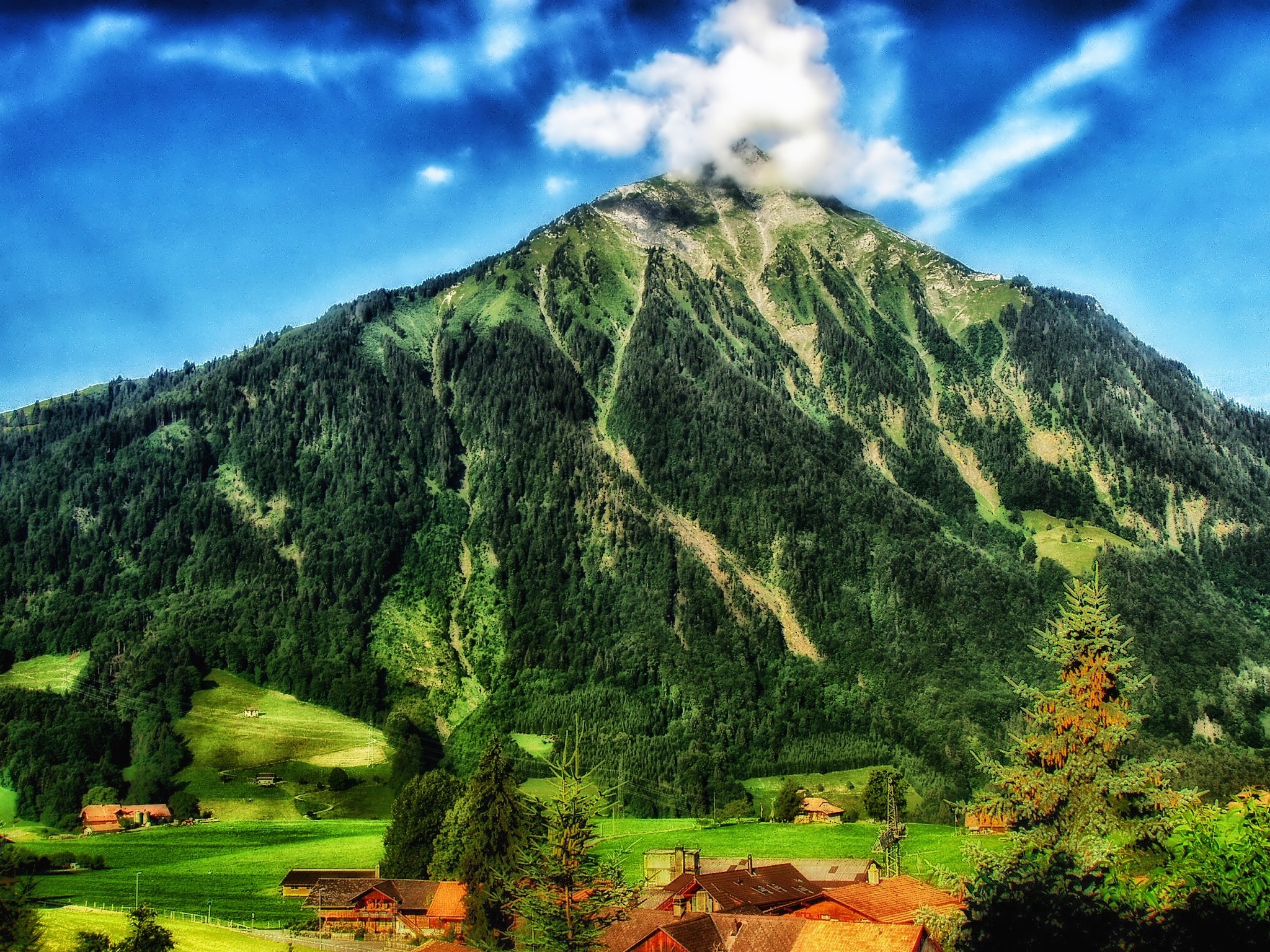Houses, Village, Switzerland, Niesen, cloud - sky, mountain