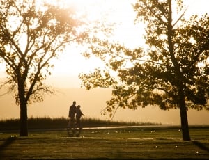 silhouette photo of two person walking on pathways thumbnail