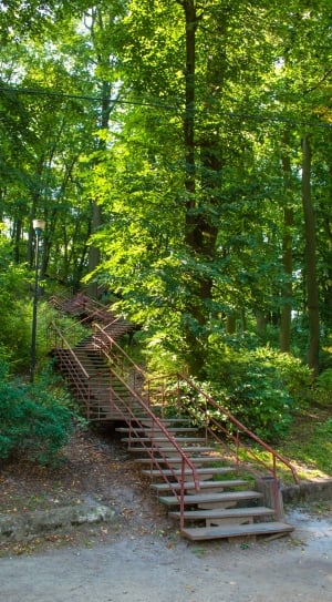 red metal brown wooden stairs thumbnail