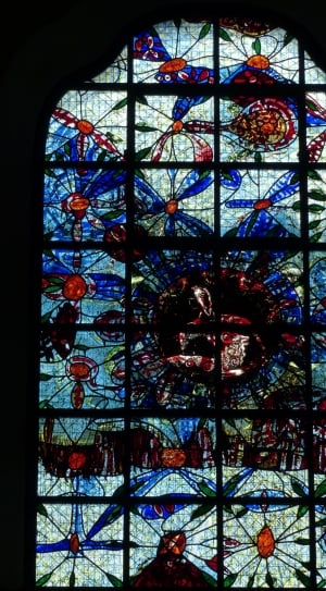 blue white and red floral tiffany glass window thumbnail