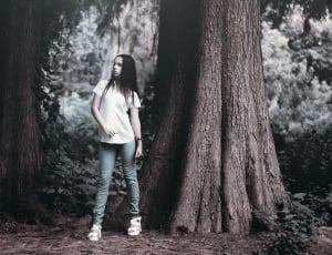 Girl Near The Tree, White Shirt, Jeans, tree trunk, tree thumbnail