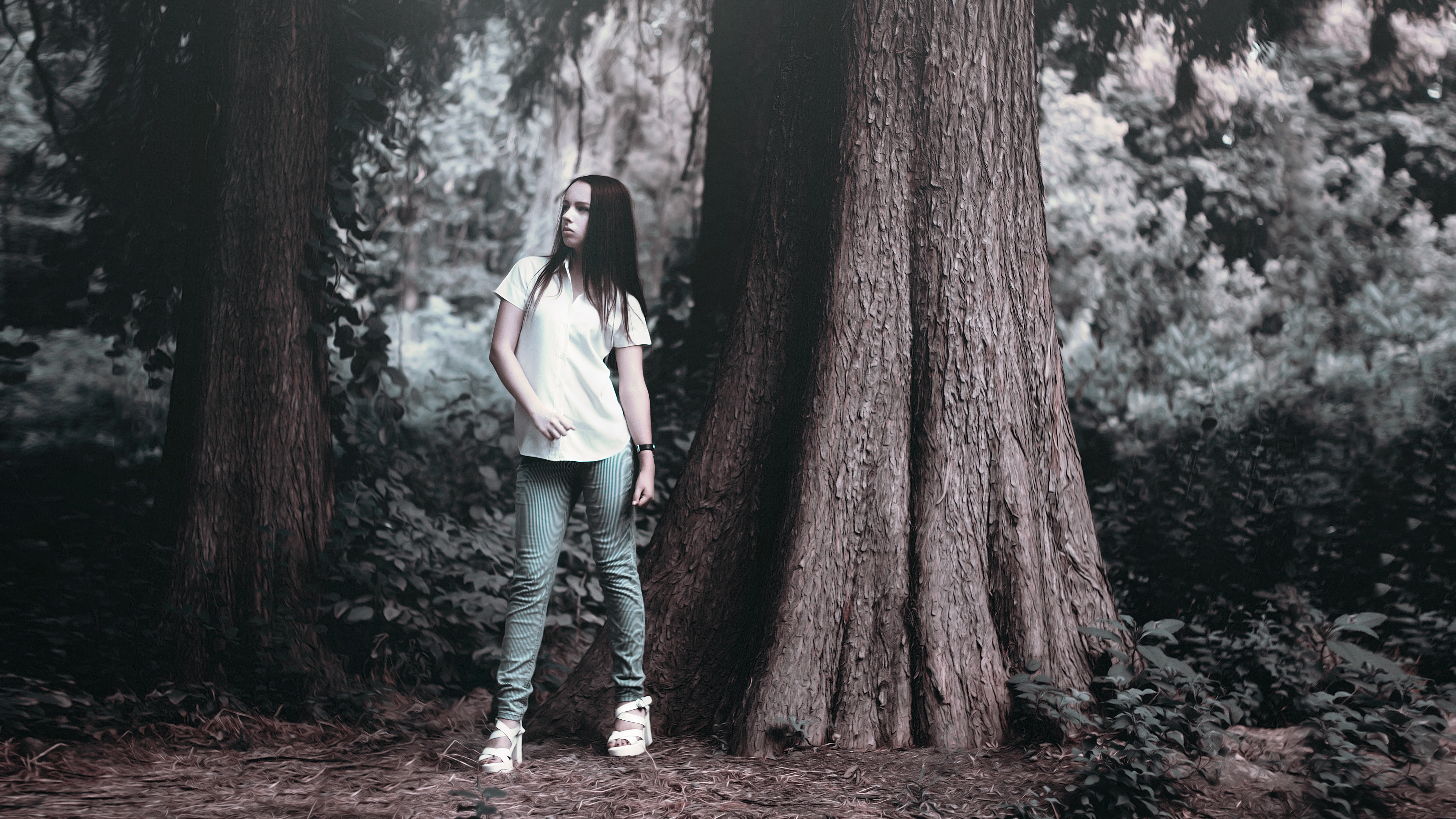 Girl Near The Tree, White Shirt, Jeans, tree trunk, tree