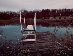 white and stainless steel diving board on wooden pallet near body of water thumbnail