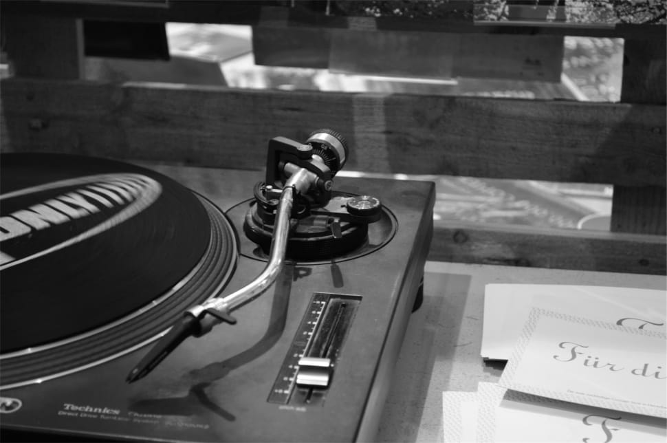 grayscale photo of turntable preview