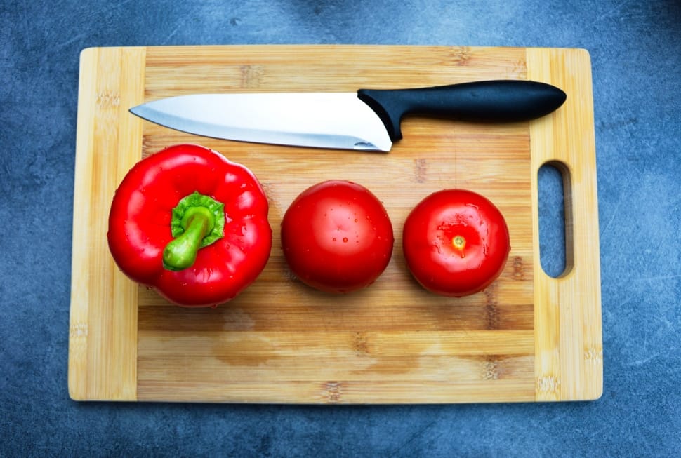 Pepper, Cutting Board, Tomatoes, Knife, wood - material, indoors preview