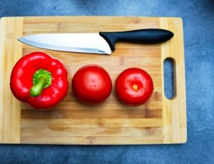 Pepper, Cutting Board, Tomatoes, Knife, wood - material, indoors thumbnail