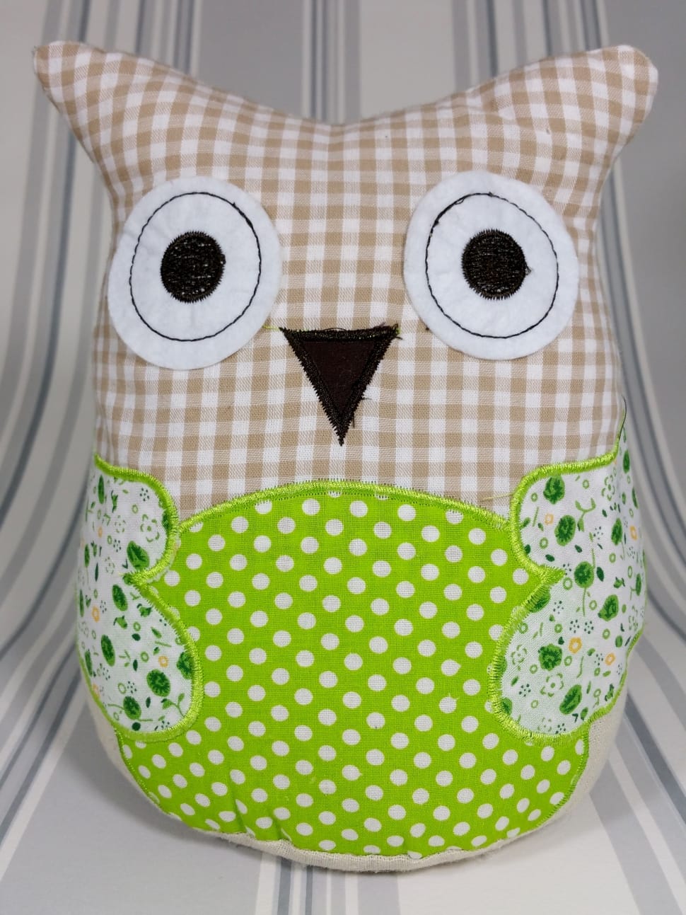 brown white and green polka dot gingham owl shaped pillow preview