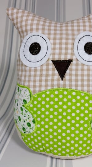 brown white and green polka dot gingham owl shaped pillow thumbnail