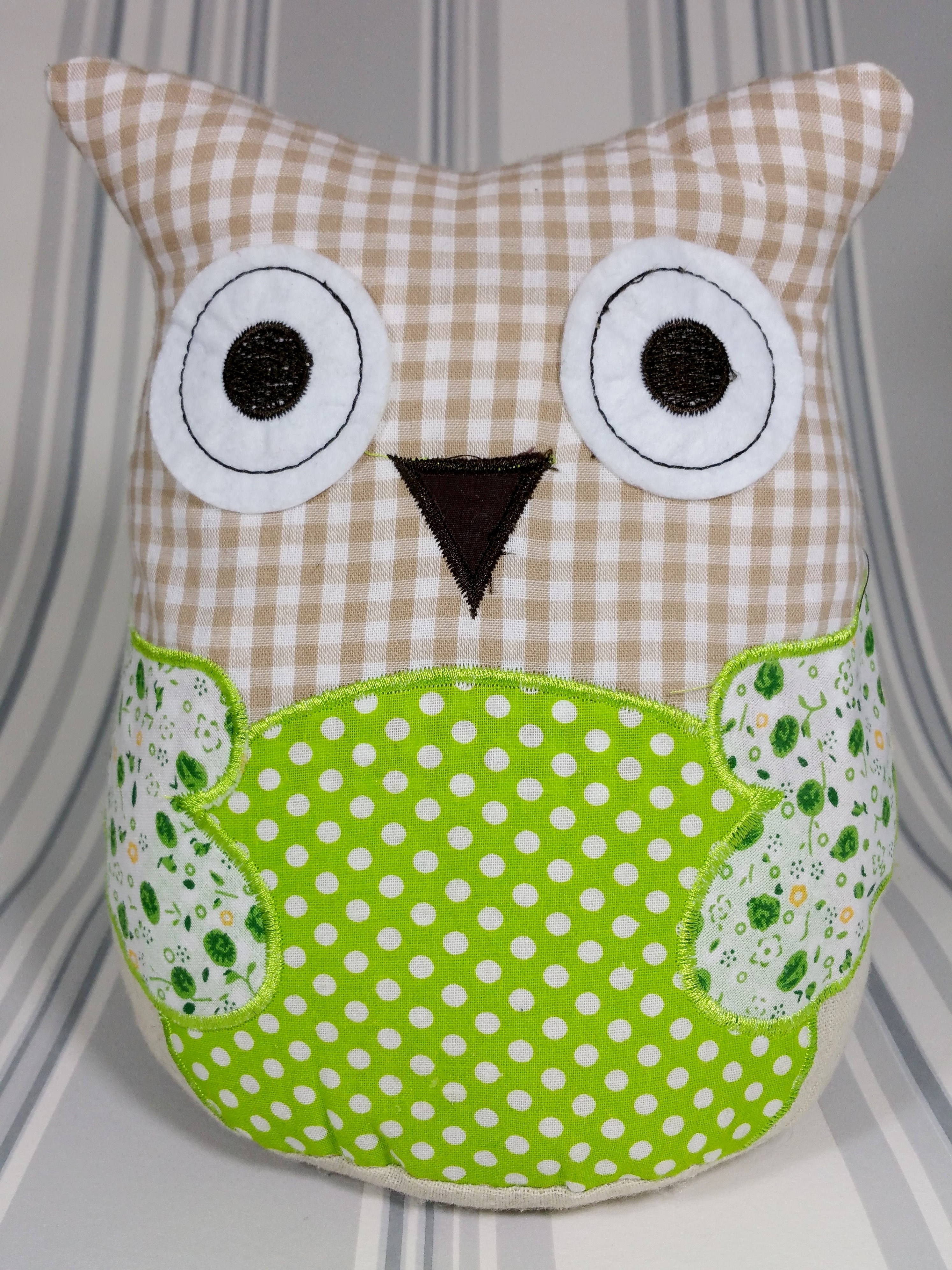 brown white and green polka dot gingham owl shaped pillow
