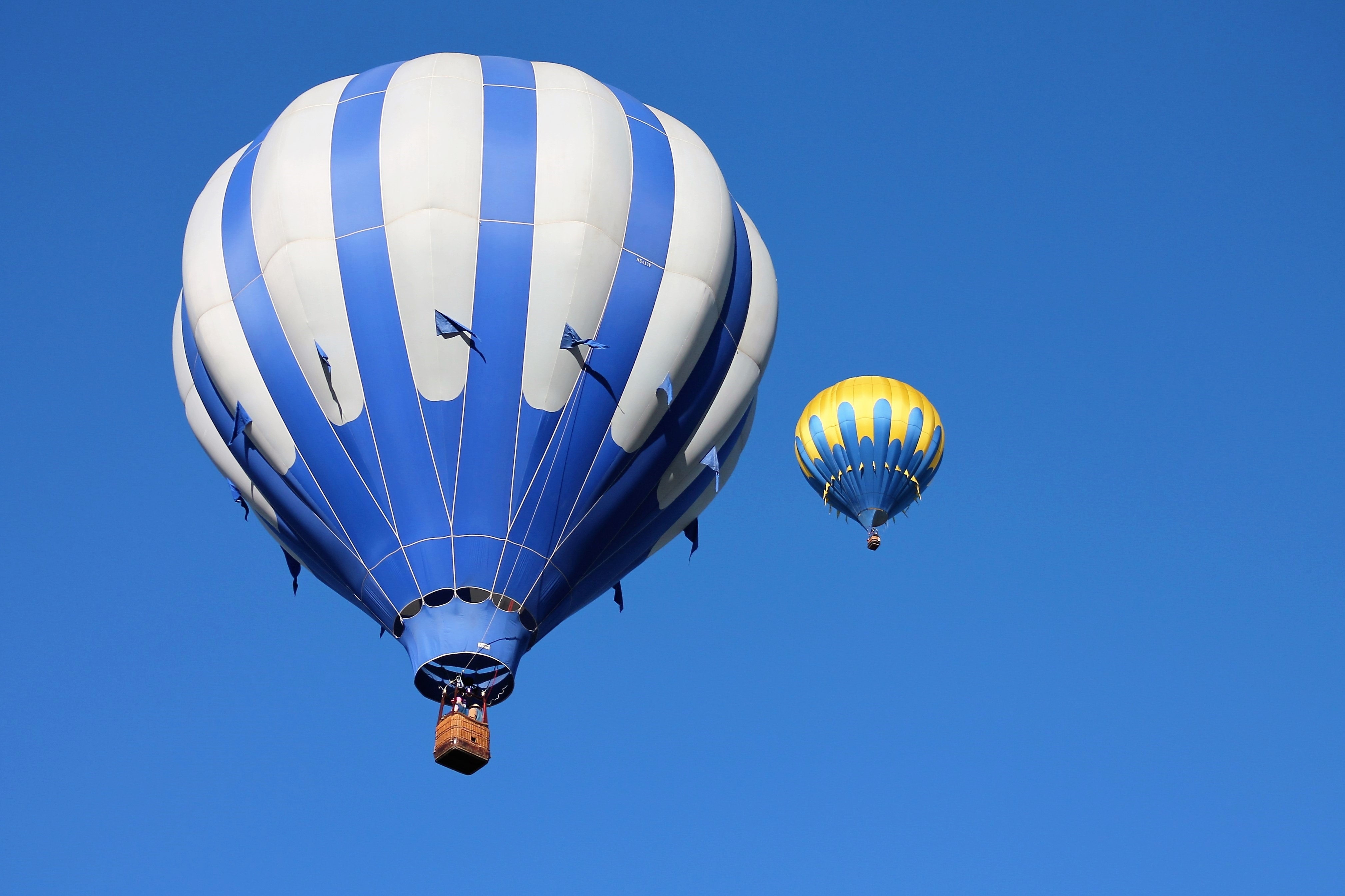 2 white blue and yellow hot air balloons