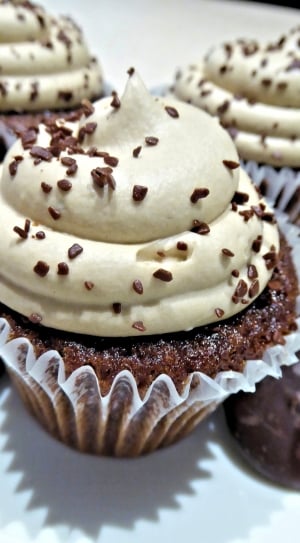chocolate cupcakes topped with icing and chocolate sprinkles thumbnail