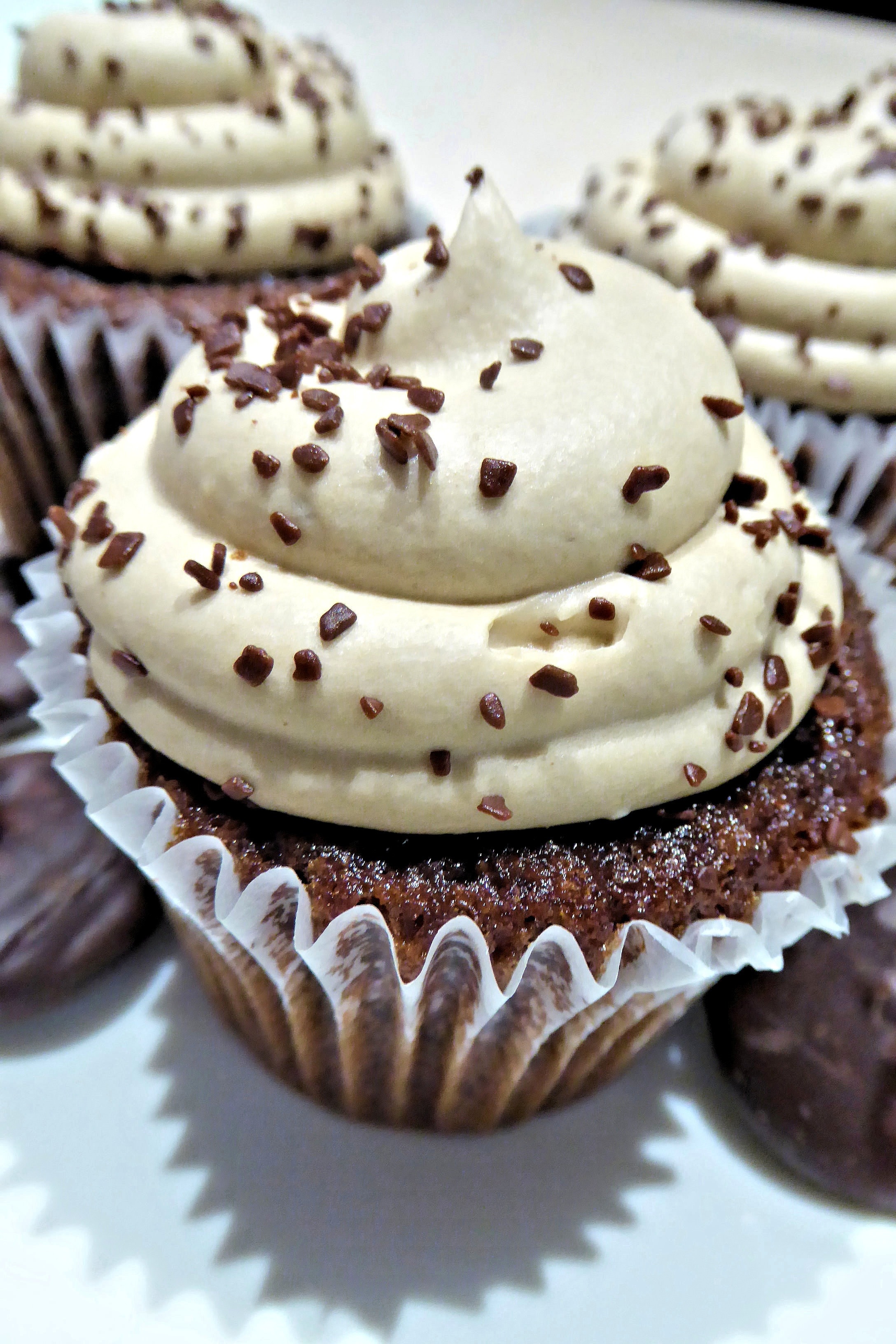 chocolate cupcakes topped with icing and chocolate sprinkles