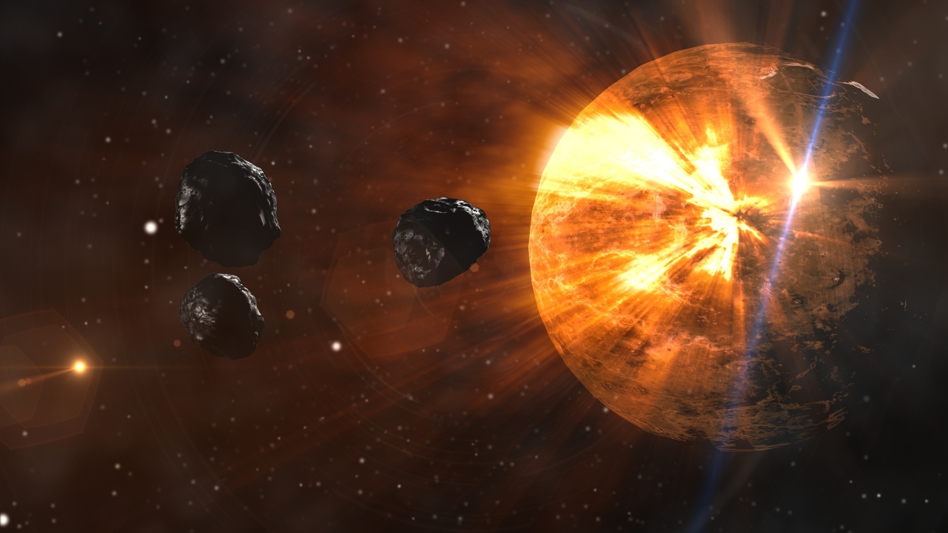 Space, Asteroids, Meteor, Planet, orange color, sun