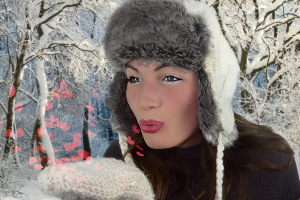 women's white knit and gray fur cap and gloves preview