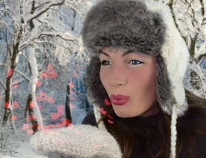women's white knit and gray fur cap and gloves thumbnail