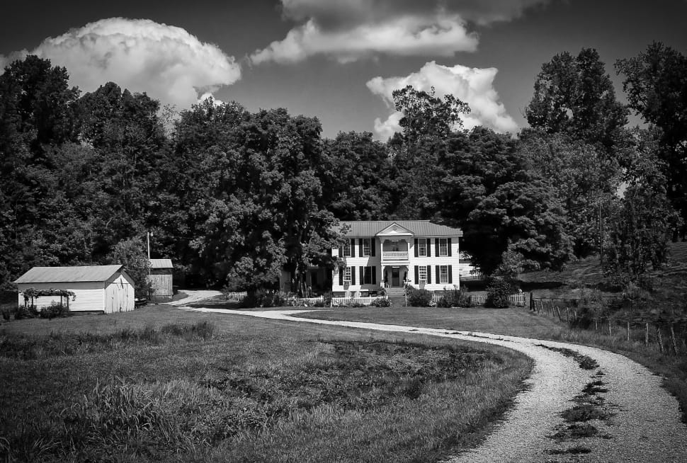 grayscale photograph of house and trail preview