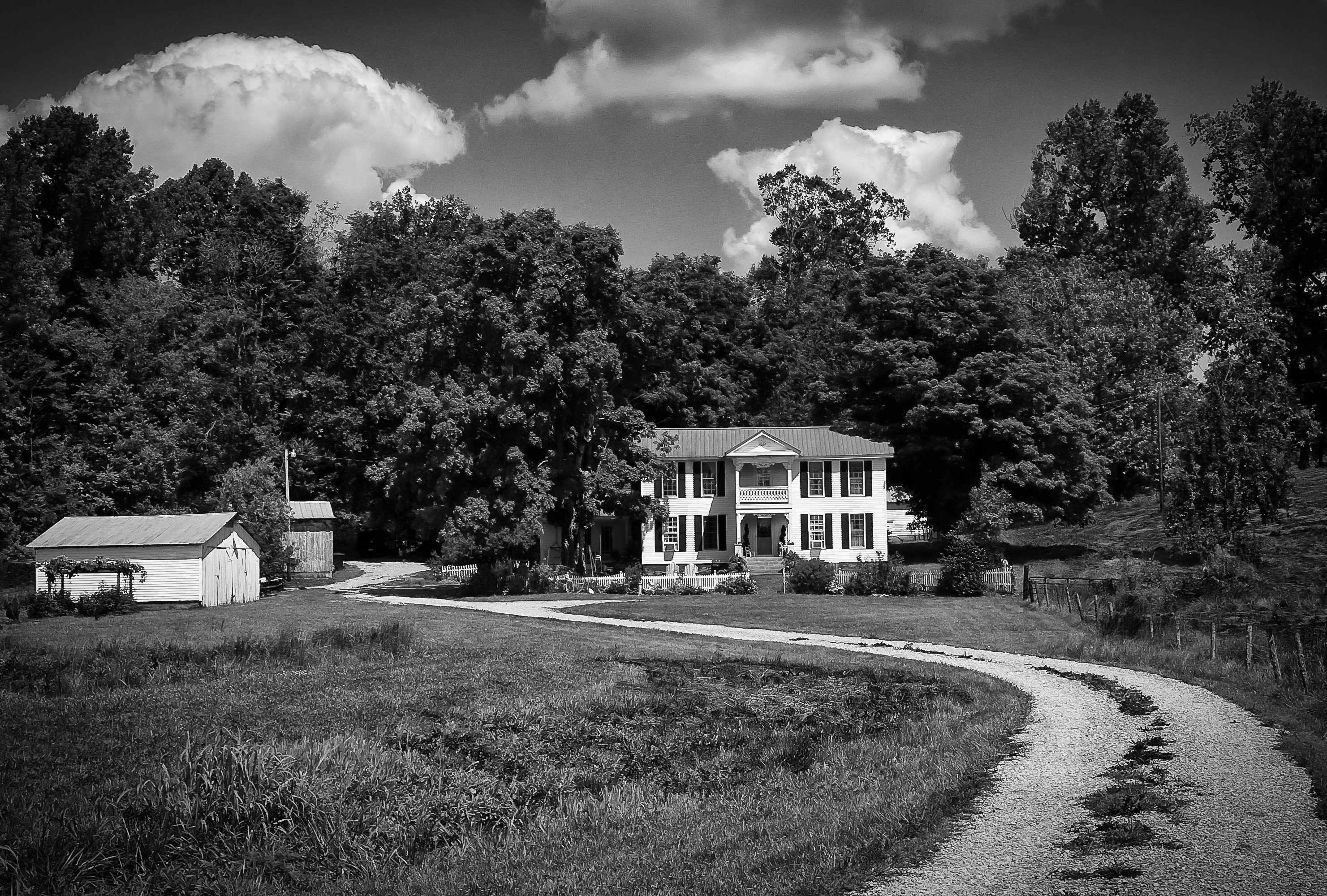grayscale photograph of house and trail