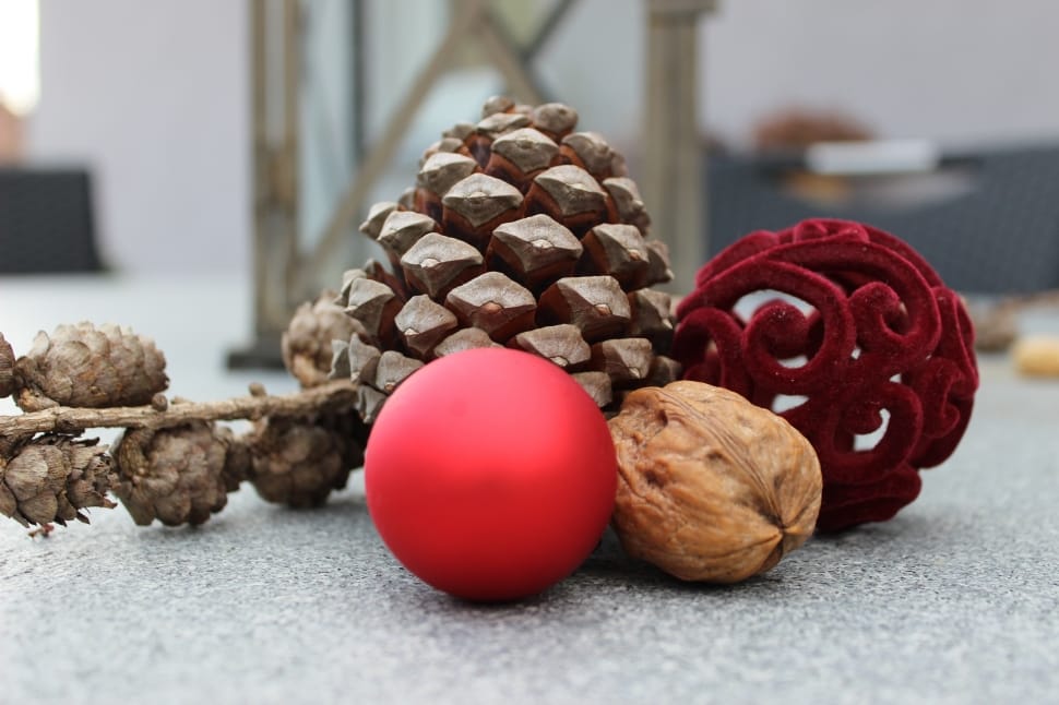 red ball, wallnut and pinecone decorations preview