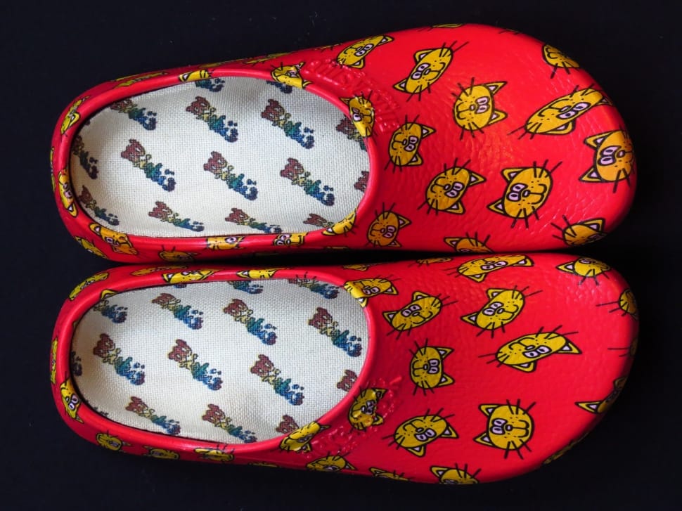 red and yellow cat print rubber clogs preview