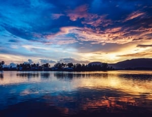sky, clouds, sunset, sunrise, reflection, water thumbnail