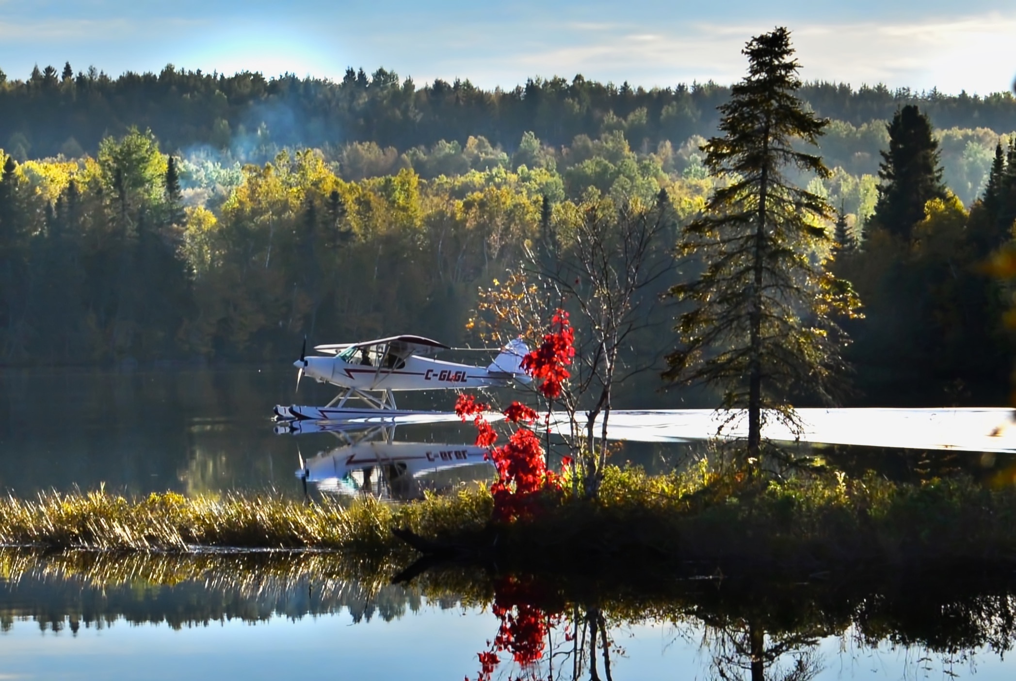white and red monoplane on river surrounded with trees