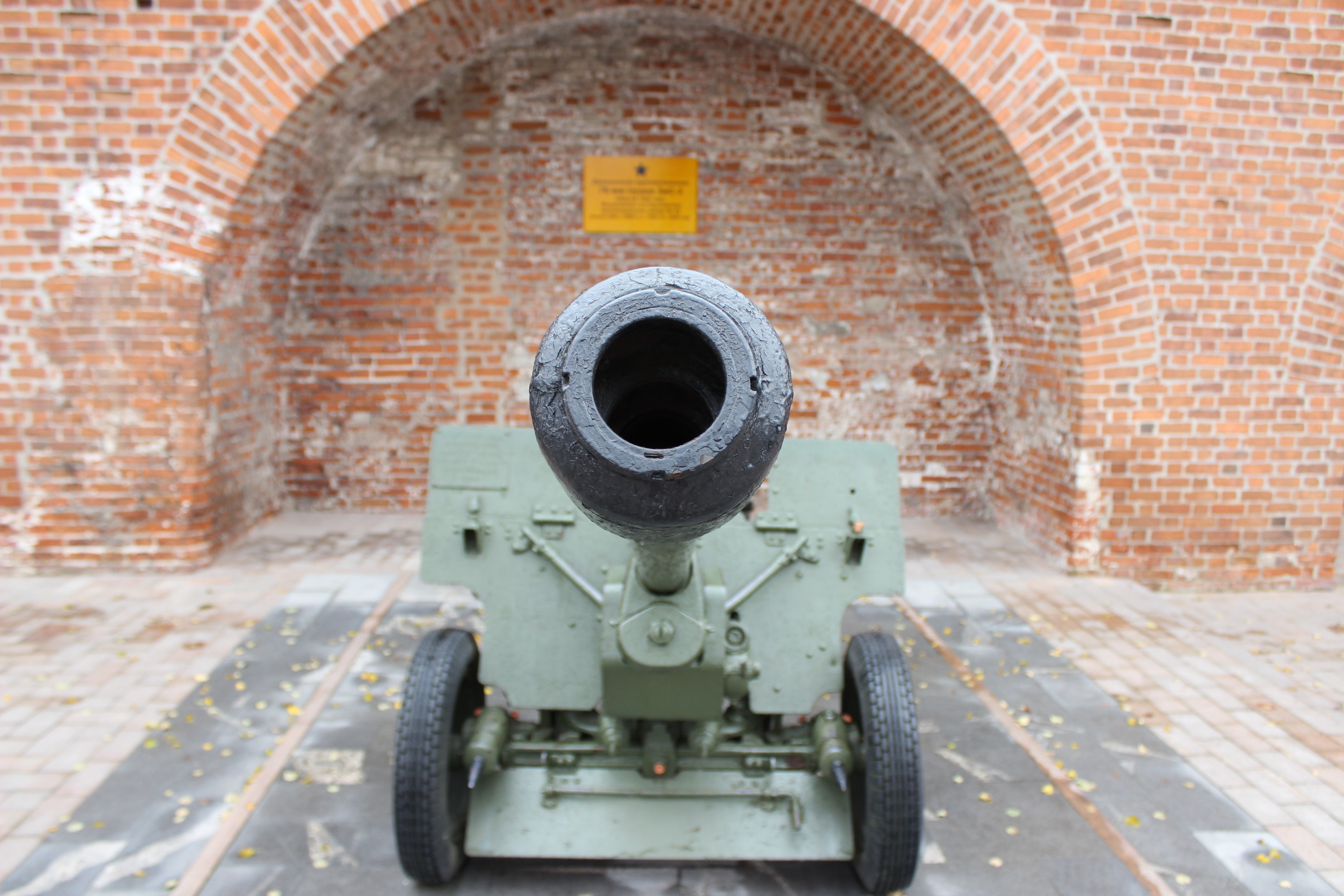 green and black cannon near brown brick walled building