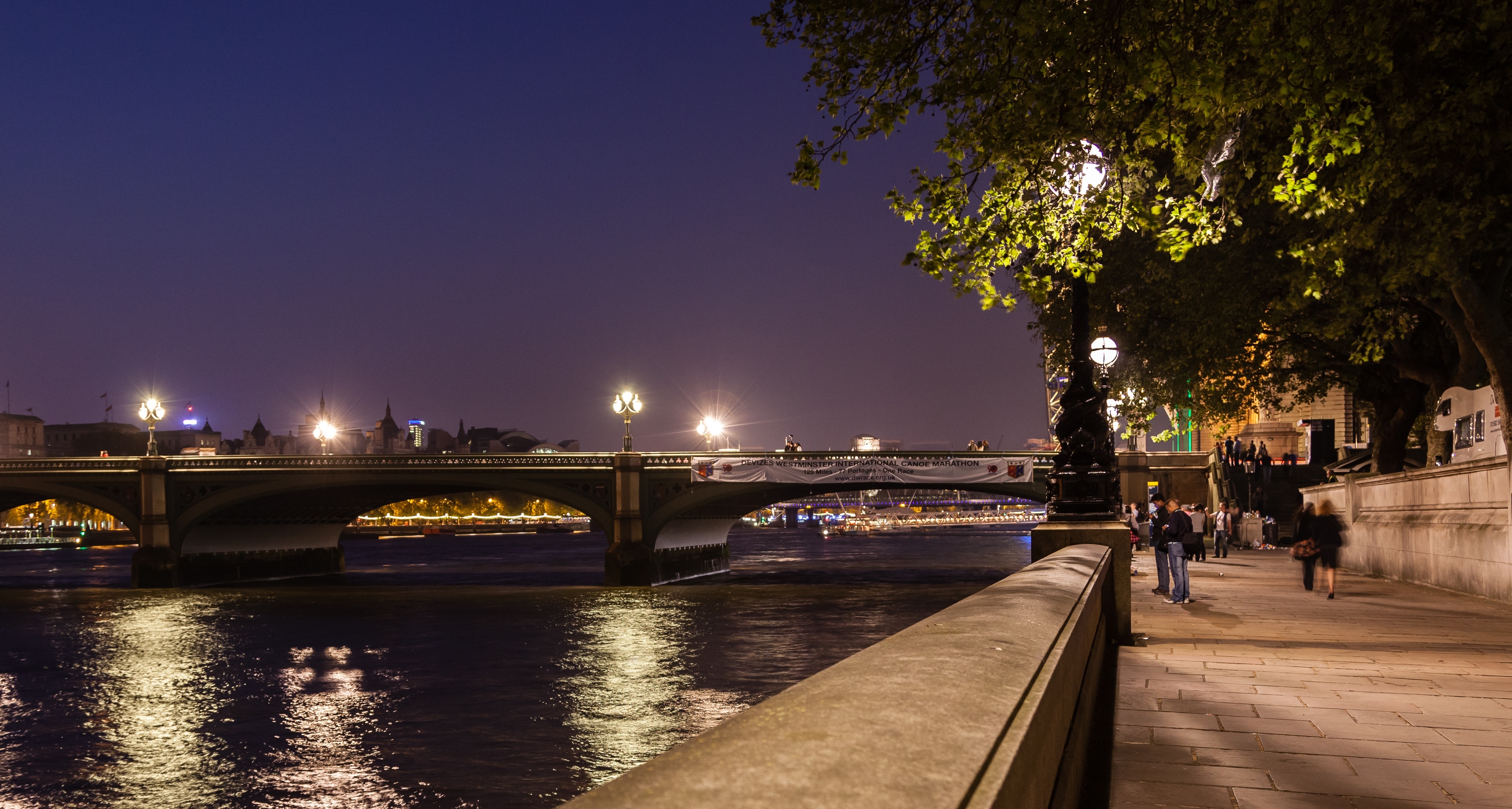London, Night Time, Westminster, Bridge, illuminated, tree