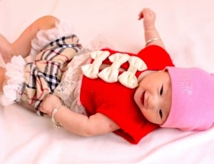 baby's classic check burberry ruffle hem shorts, red vest and pink beanie cap thumbnail
