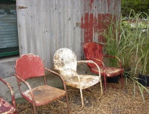 red and white metal chairs thumbnail