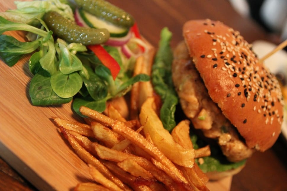hamburger, french fries and green leaf vegetable preview
