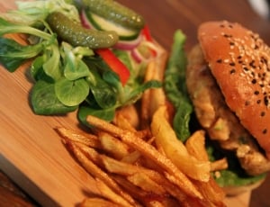 hamburger, french fries and green leaf vegetable thumbnail