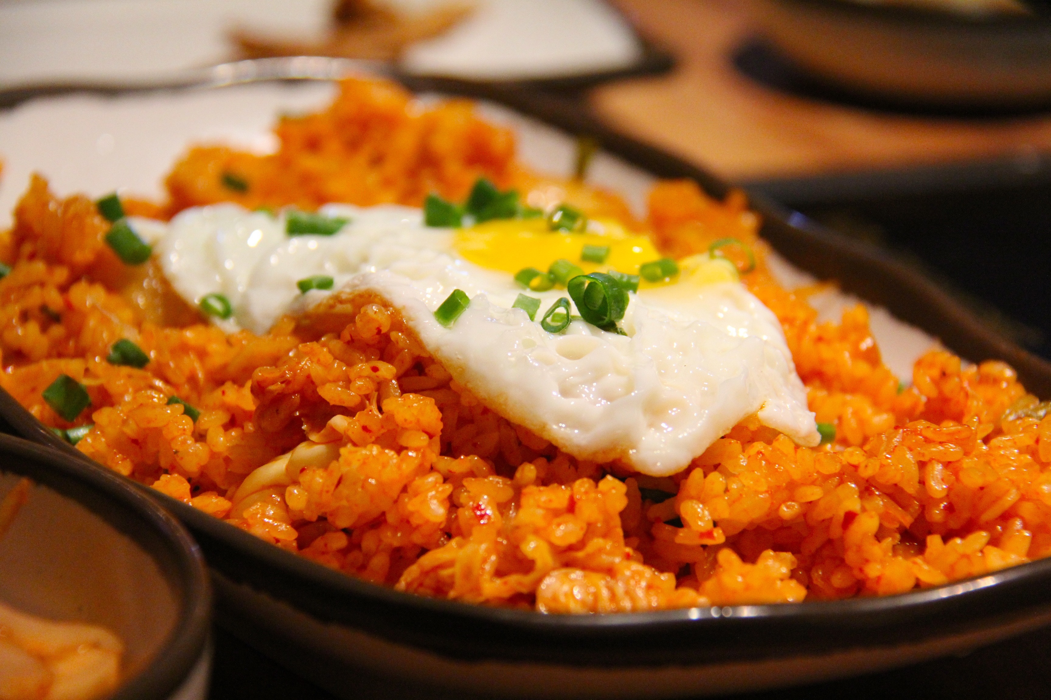 rice with egg and onion chives dish served on rectangular ceramic plate indoors