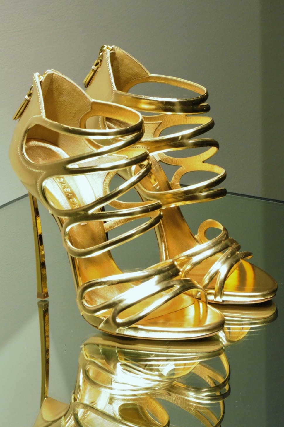 gold leather back zip stilettos preview