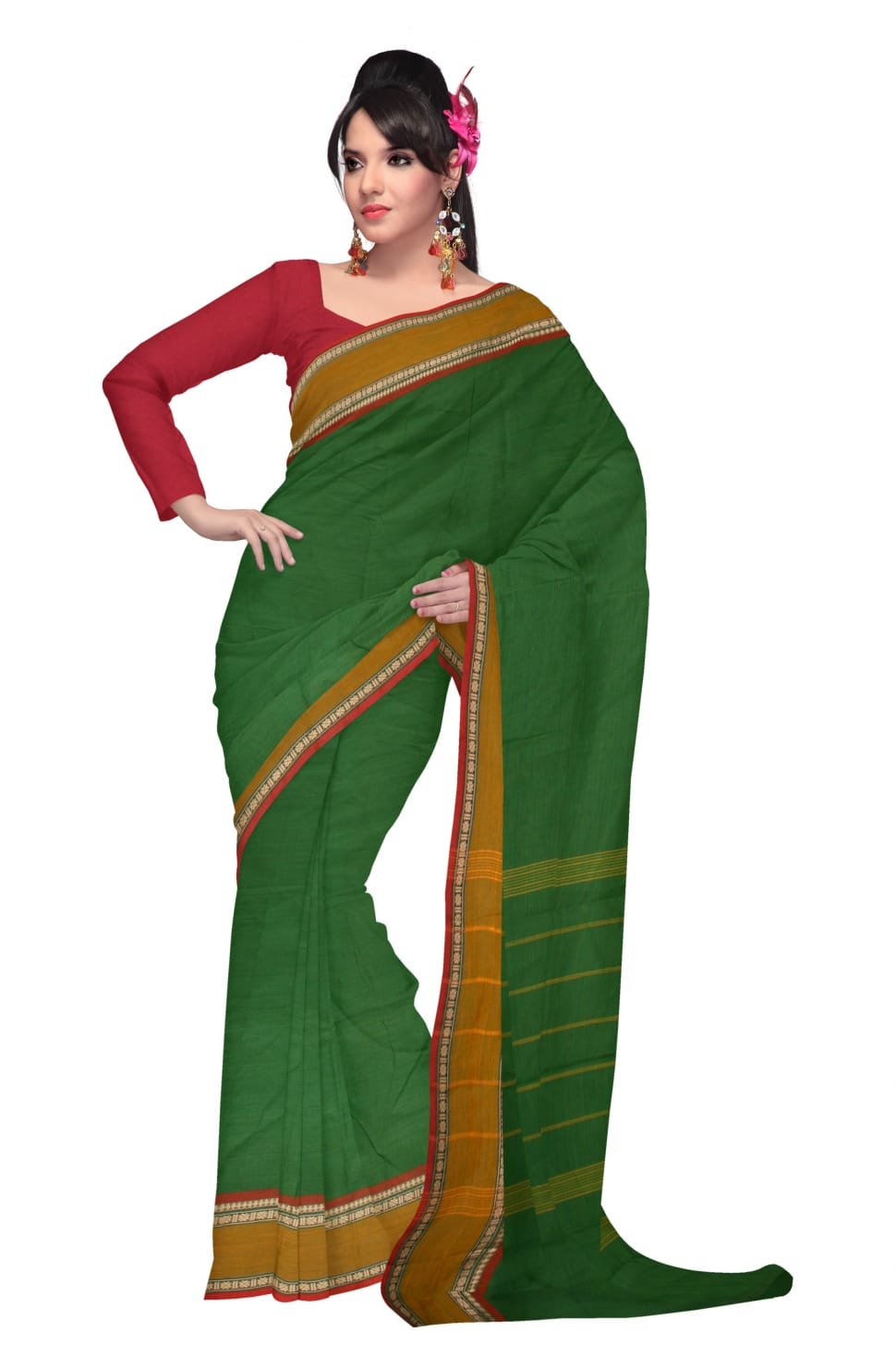 woman wearing green and red saree preview