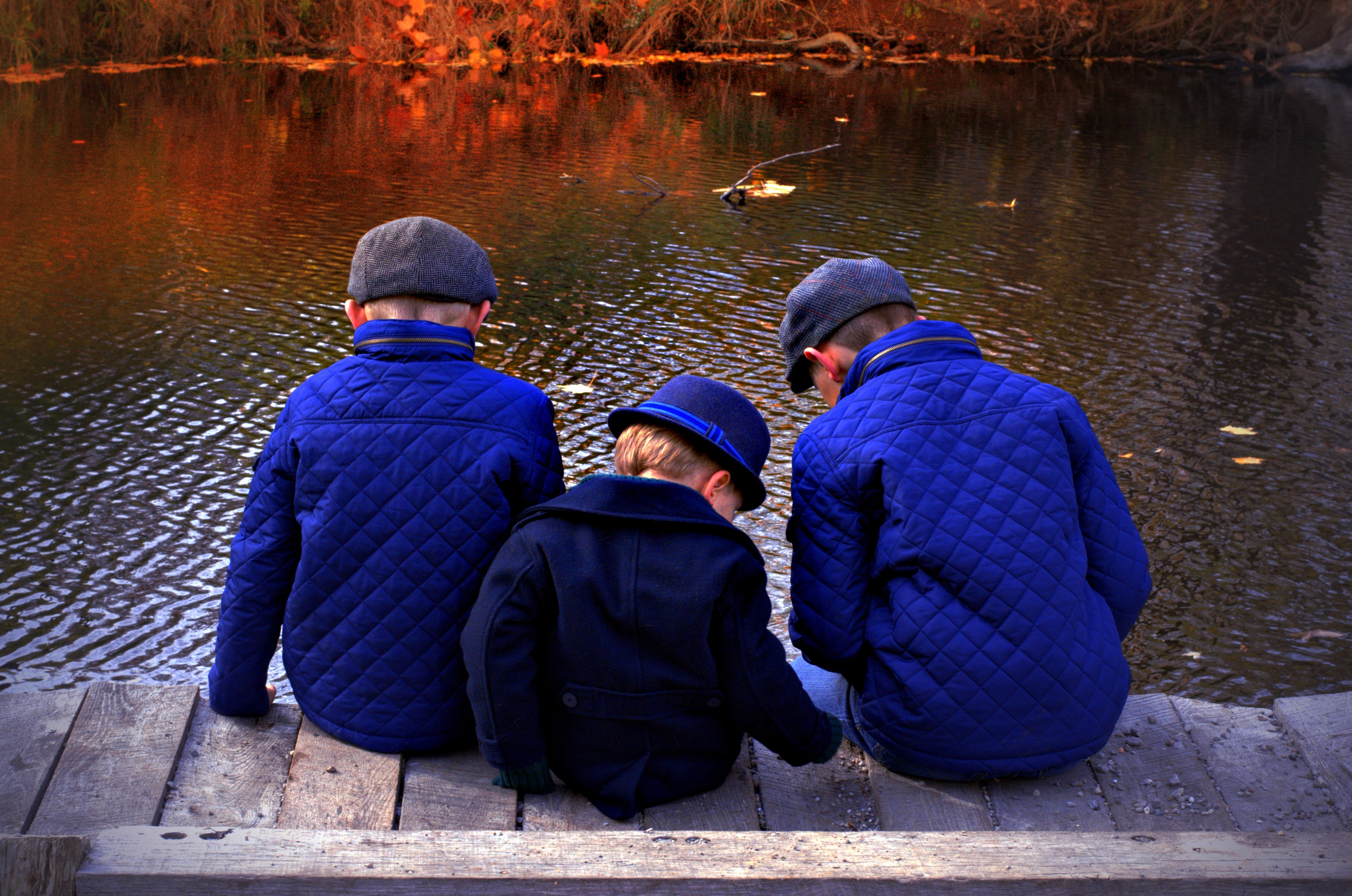 Autumn, Nature, River, Fall, Boys, Blue, togetherness, rear view