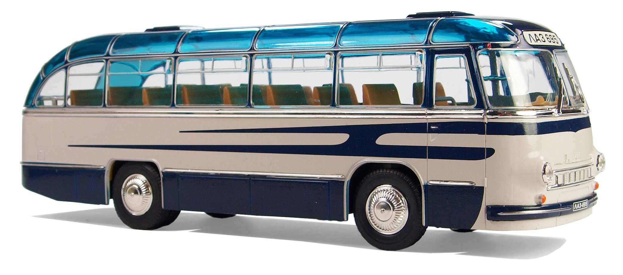 blue and white bus
