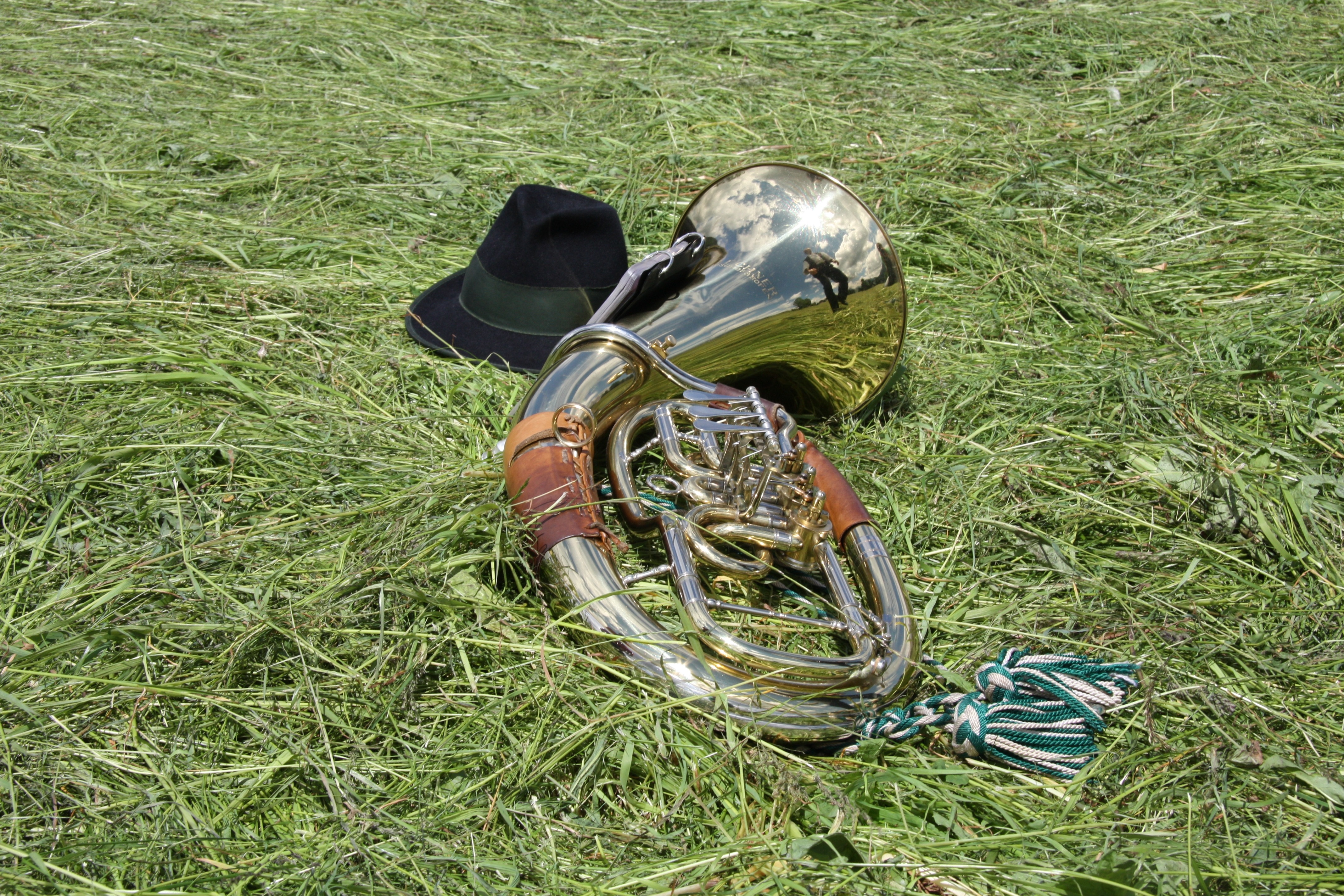 brass French horn beside a black fedora hat in grass ground