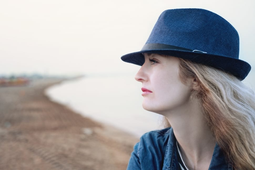 women's blue fedora hat and blue denim shirt preview