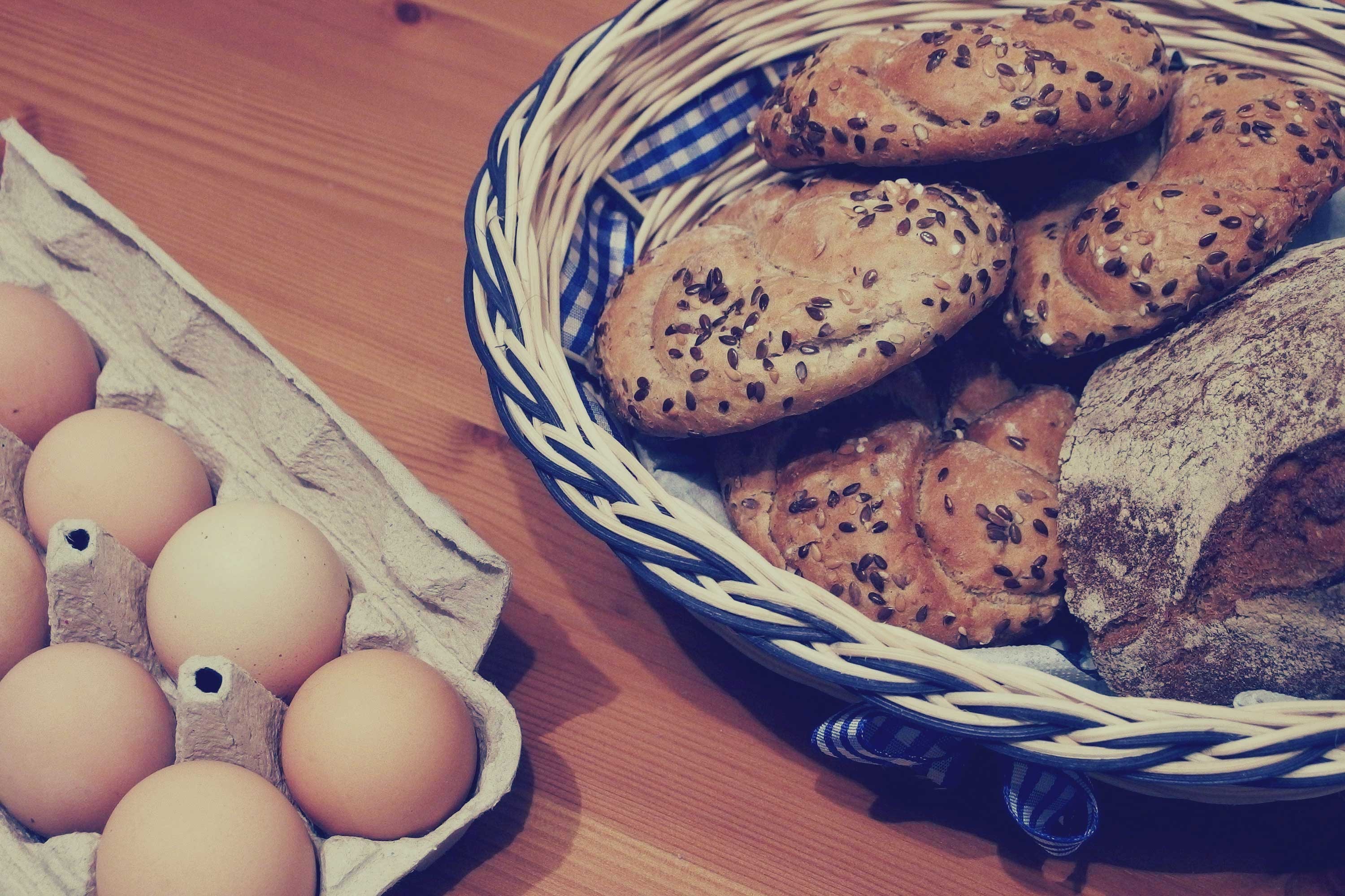 wicker basket egg and breads