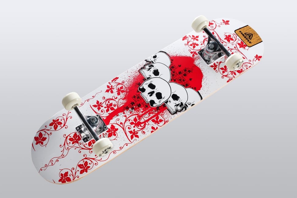 white black and skull print skateboard preview