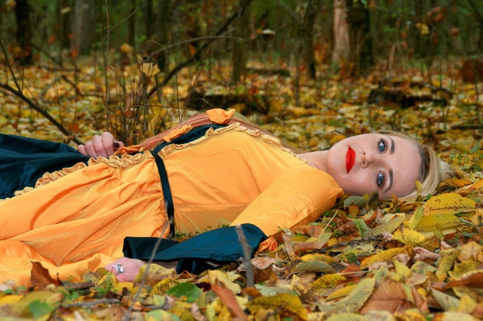 Autumn, Girl, Dress, Leaves, Princess, lying down, adults only preview