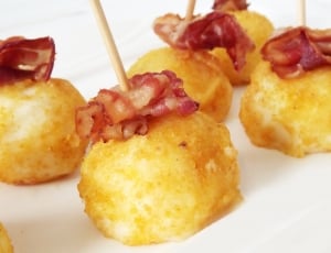 six deep fried squid balls with bacon topping with toothpick thumbnail