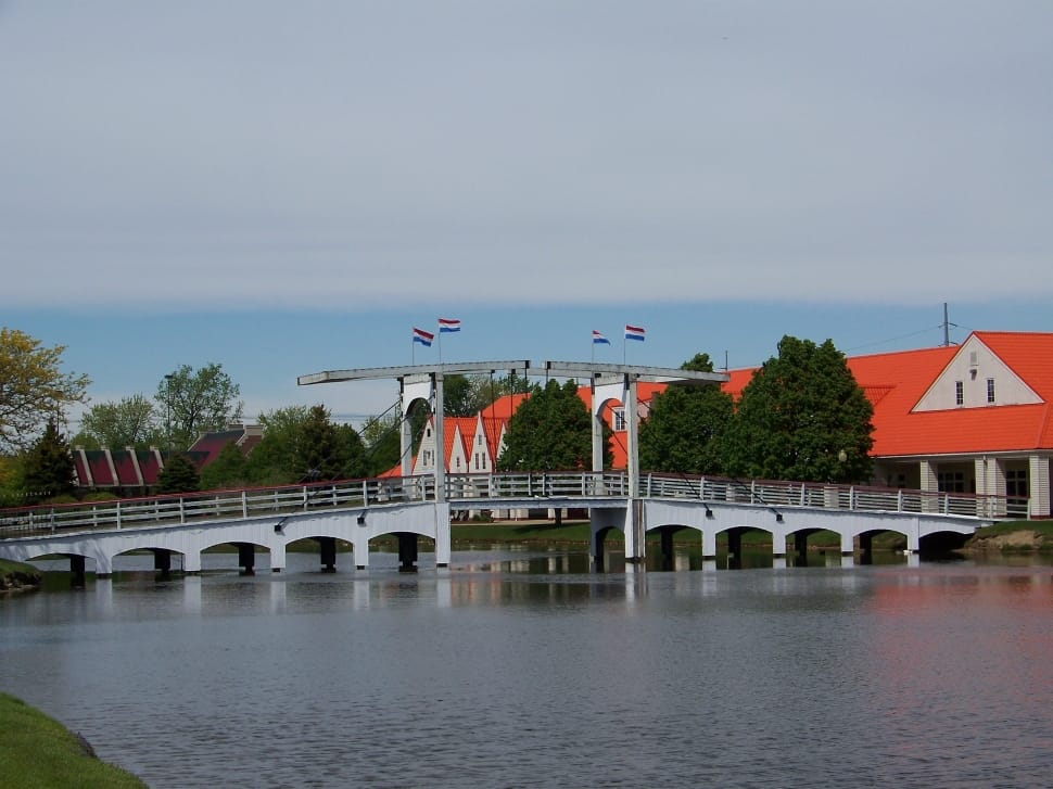 white traditional bridge near orange roofed house preview