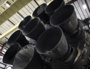 Falcon 9 first stage in hangar, upgraded Merlin engines close-up thumbnail