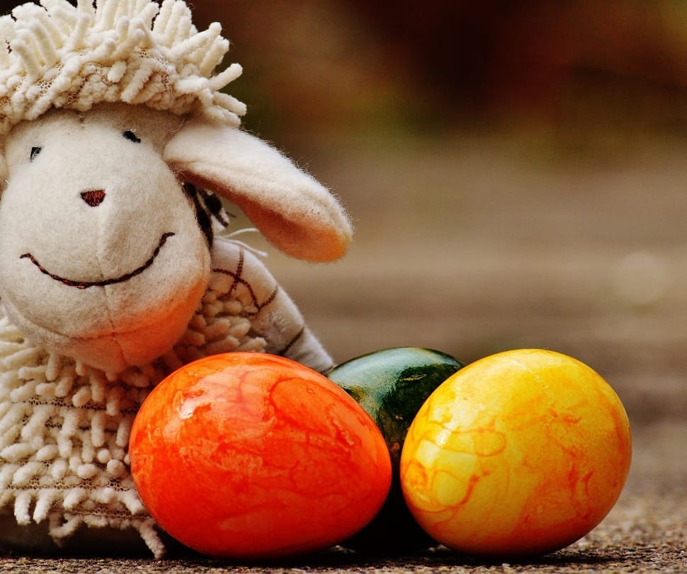 Sheep plush toy beside of green, orange, and yellow eggs preview