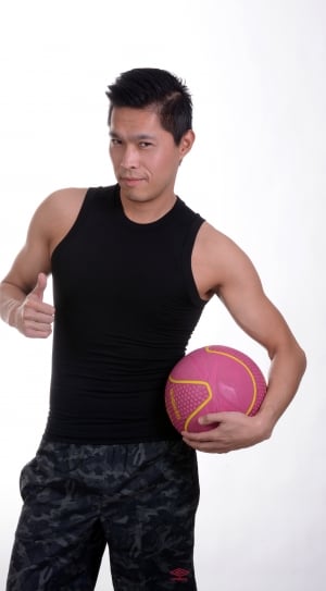 men's black sleeveless crew neck shirt, black-and-gray bottoms with pink exercise ball thumbnail
