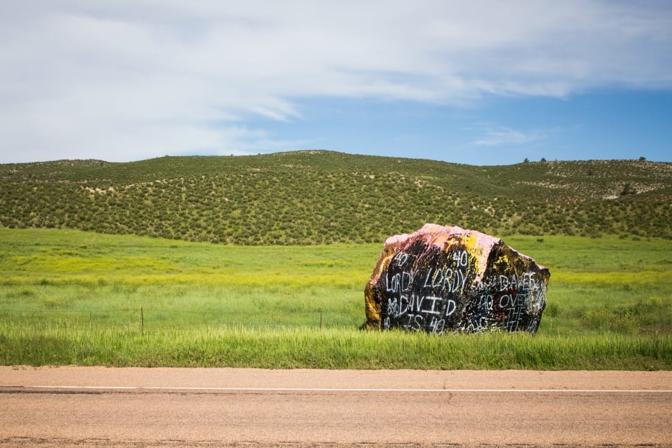 vandalized rock next to grass field preview