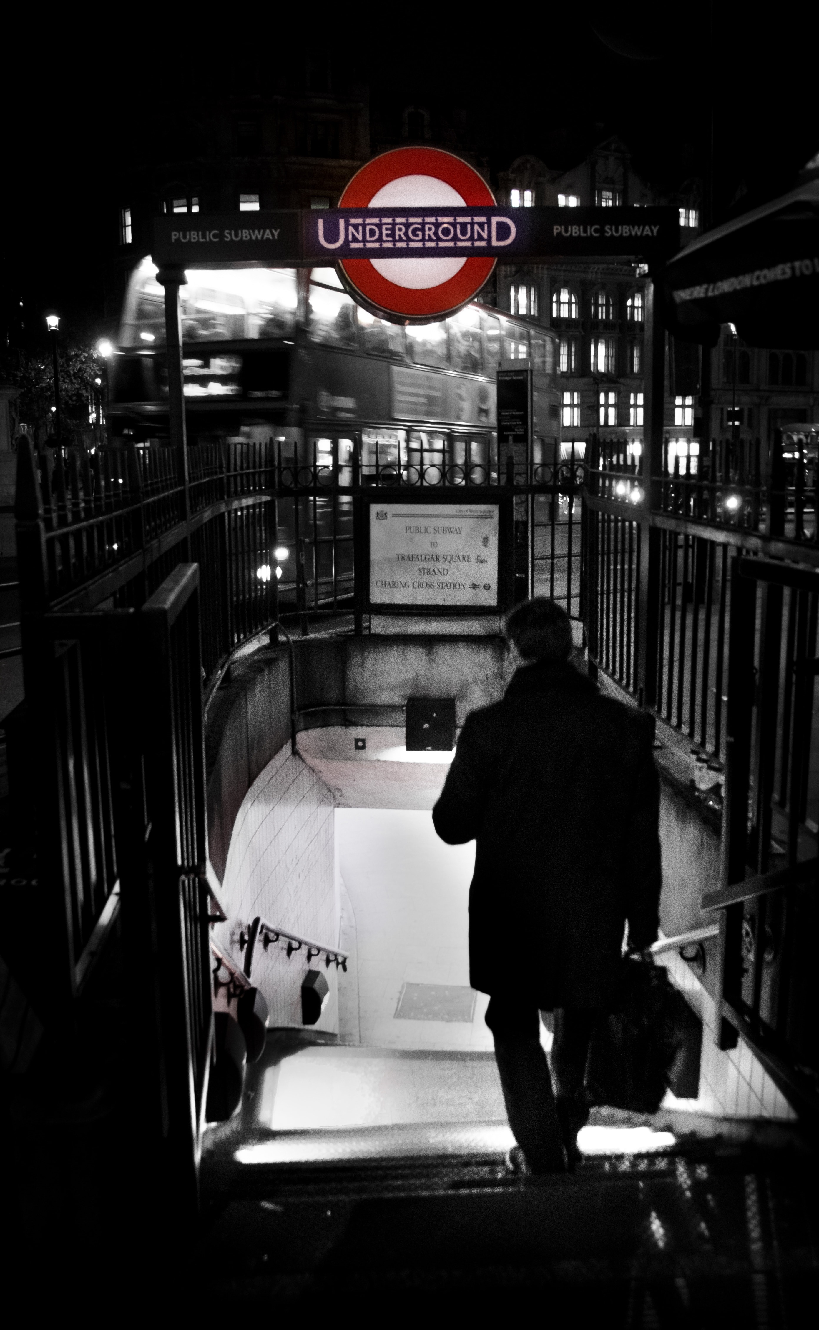 Metro, Underground, Subway, Tube, London, night, one person